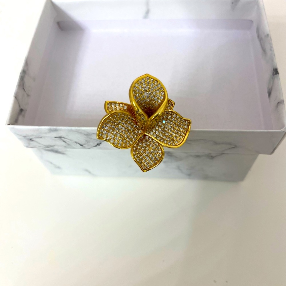 Diamond flower 14k plated adjustable ring